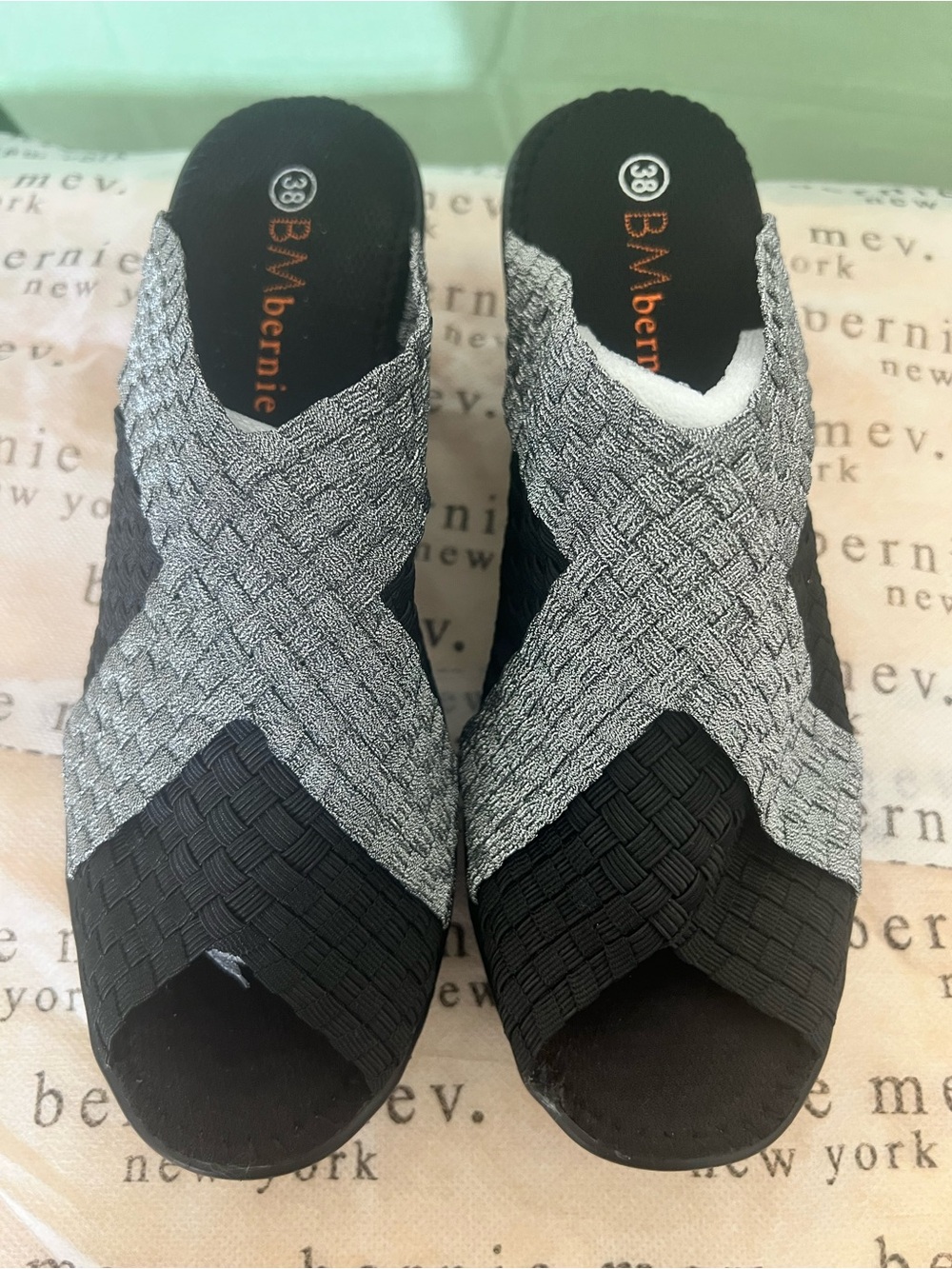 bernie mev. Two-Tone Black & Silver Woven Slide Mules